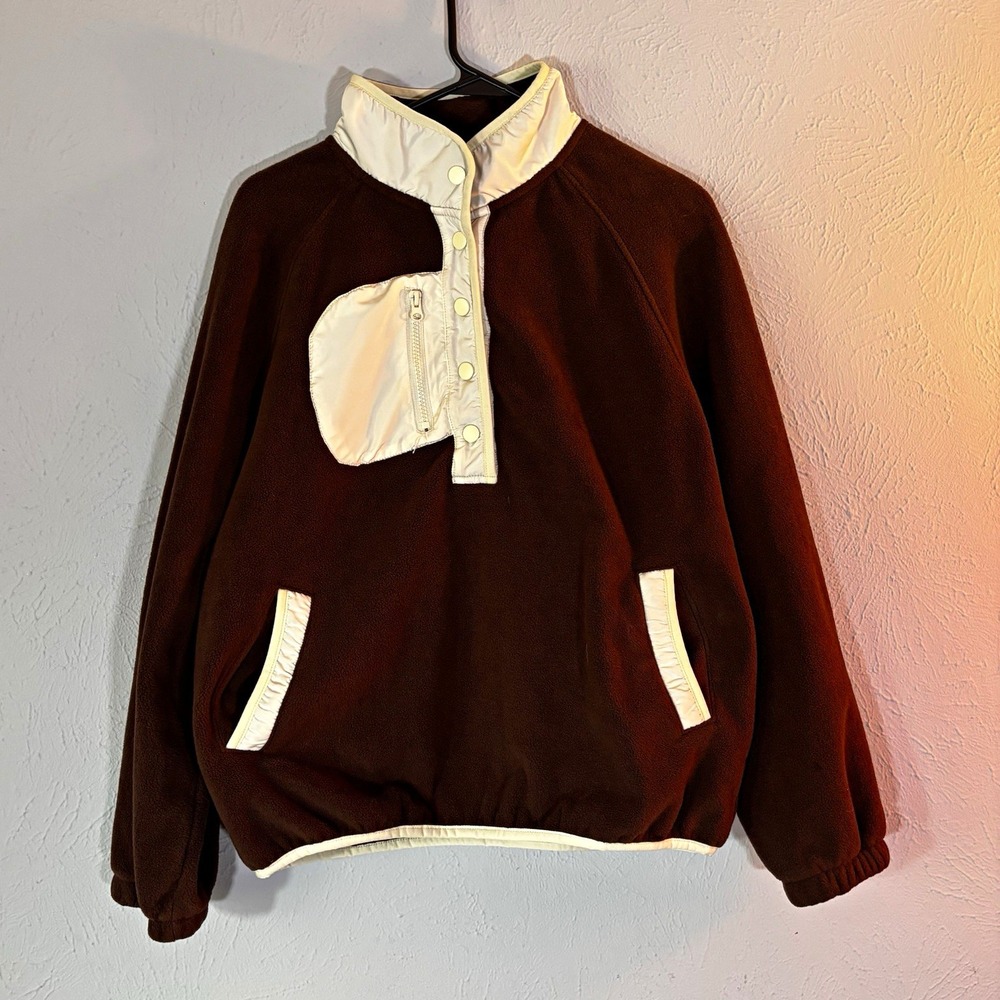 Dokotoo Fleece Pullover Sweatshirt Brown Beige High Neck Snap Placket Pockets M